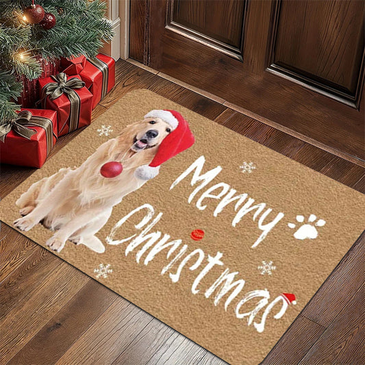 Golden Welcome – Christmas Door Mat with Santa Retriever